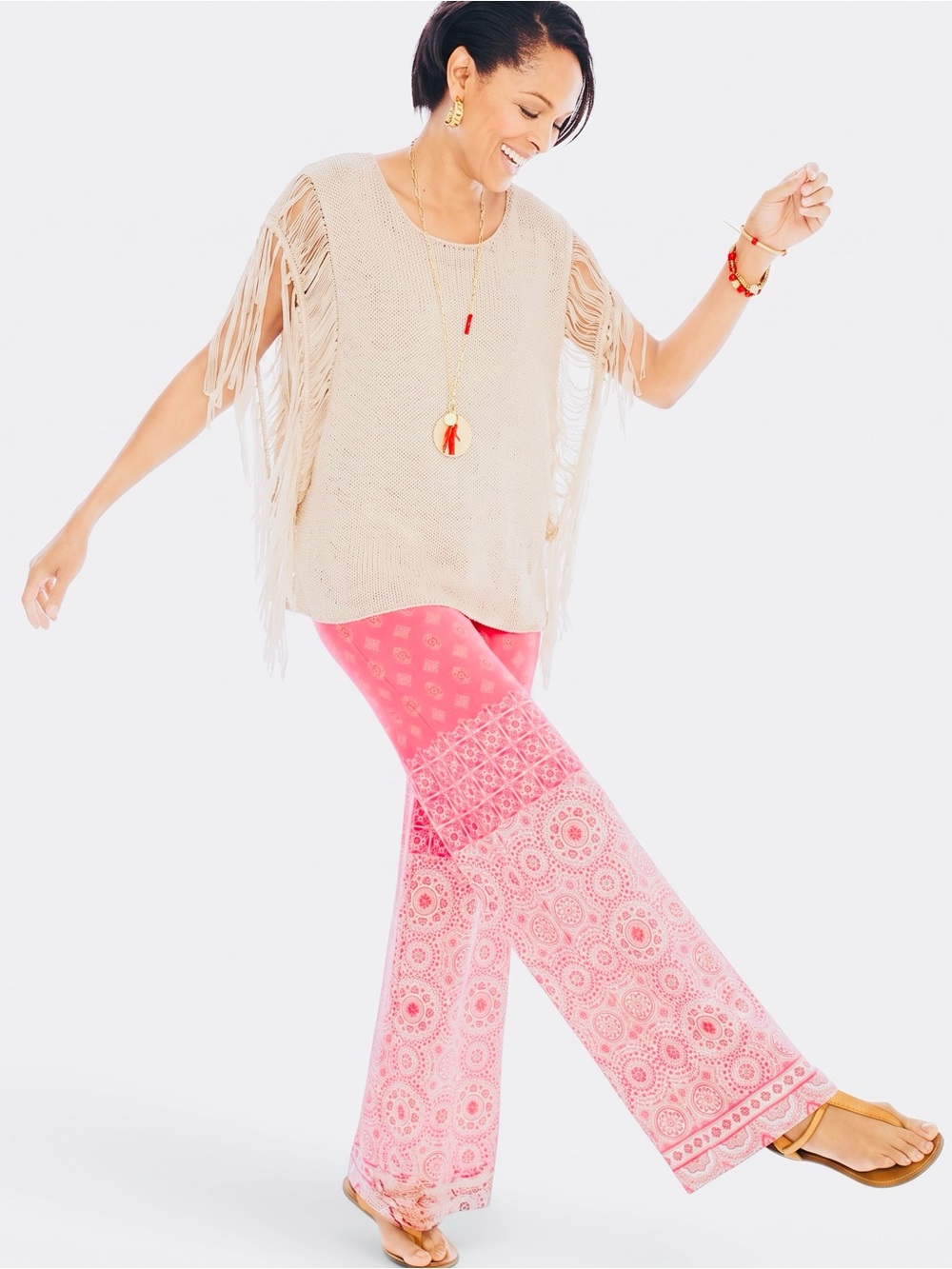 Chico’s Cala d’Or Pink/Peach Geometric Palazzo Wide-Leg Pants